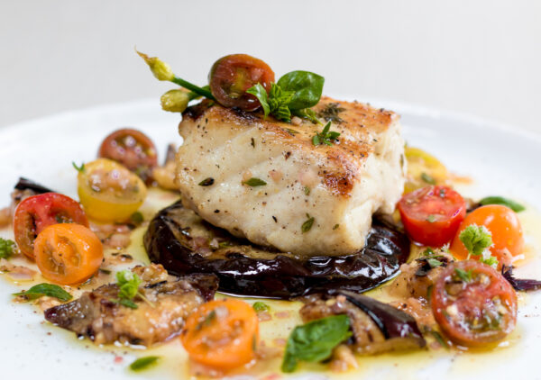 Grilled Sea Bass with Eggplant, Tomato & Herb Salad