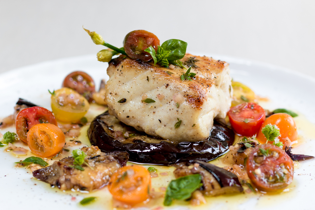 Grilled Sea Bass with Eggplant, Tomato & Herb Salad