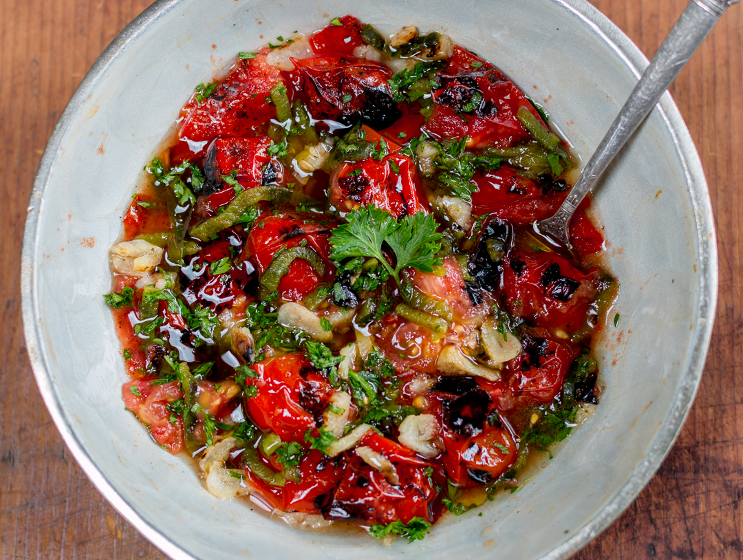 Summer Charred Tomato Salsa Over Brined Grilled Chicken