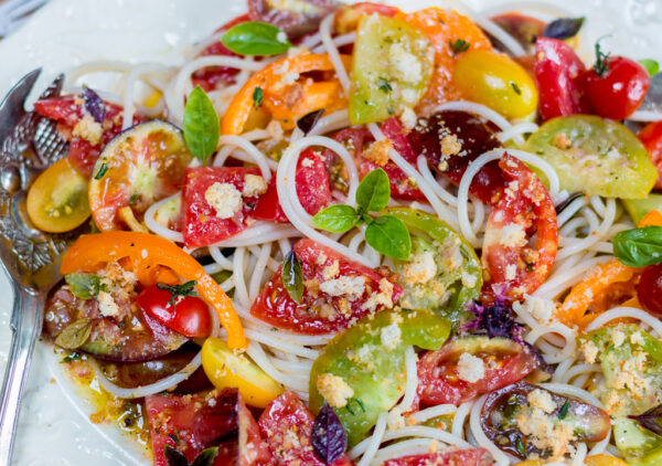Heirloom Tomatoes Over Pasta with Garlic Breadcrumbs and Shallot-Thyme Vinaigrette