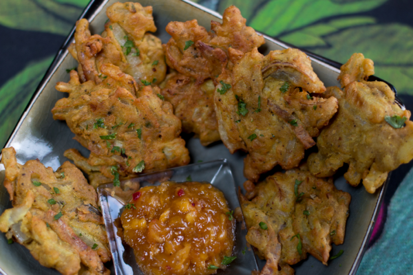 Crispy Onion Bhajis with Grated Mango Chutney