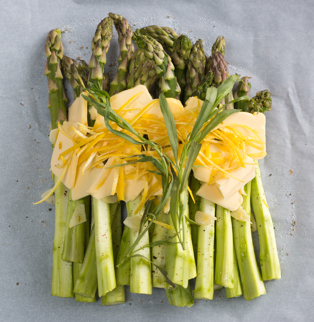 Spring Asparagus Spears are cooked in Parchment Paper with Lemon Rind, Garlic, Tarragon and Butter ~ an easy method with delicious results