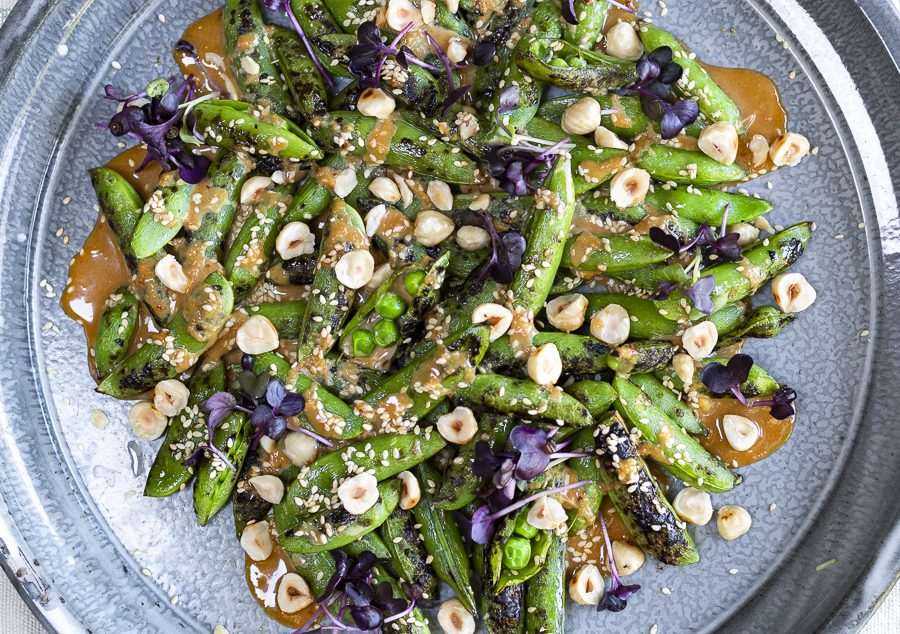 Charred Sugar Snap Peas on the Grill with Hazelnut-Sesame Sauce