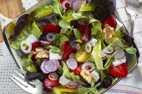 Summer Strawberry Salad with Walnuts, Feta and Maple-Walnut Vinaigrette