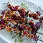 Fresh Cherry BBQ Sauce ~ Over Chicken & Veggie Kebobs on a vintage platter