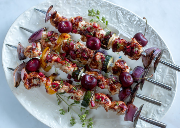 Fresh Cherry BBQ Sauce ~ Over Chicken & Veggie Kebobs on a vintage platter