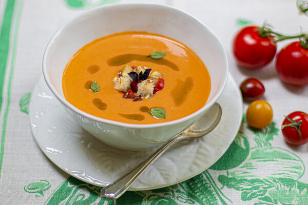 Cold Tomato Bread Soup with Basil (Karen’s take on “Salmorejo”)
