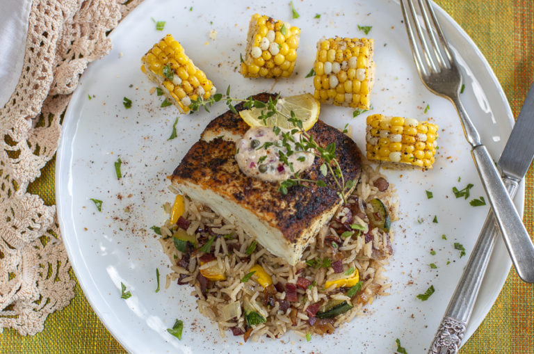 Blackened Halibut with Cajun Seasonings and Caper Remoulade A Zest