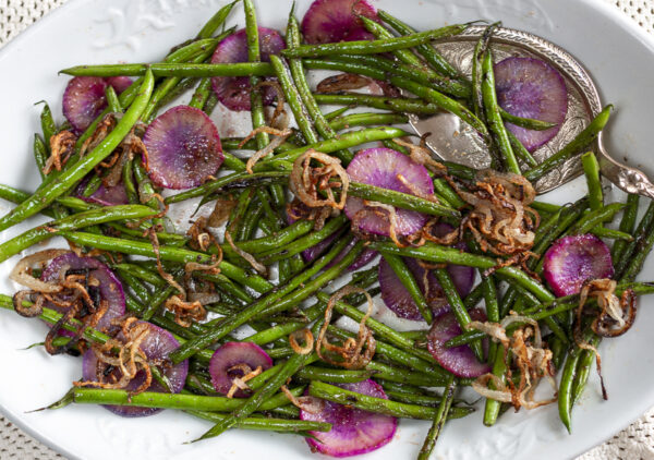 Haricot Vert with Sliced Radishes and Pan-Fried Shallots with a Miso-Lemon-Maple Glaze recipe