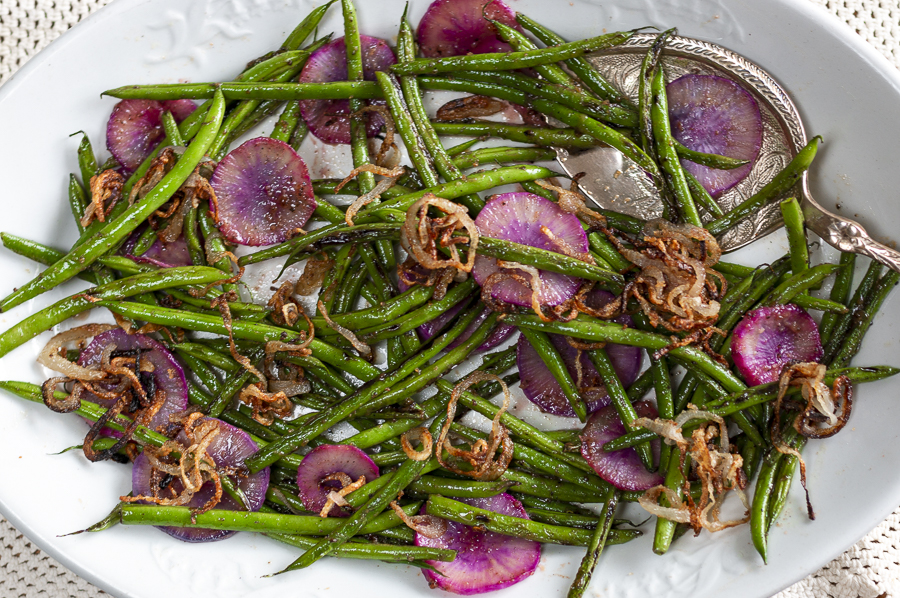 Haricot Vert with Sliced Radishes and Pan-Fried Shallots with a Miso-Lemon-Maple Glaze
