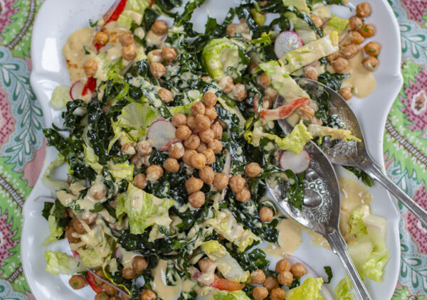 The Ultimate Kale, Romaine and Chickpea Salad with Roasted Garlic Tahini Dressing