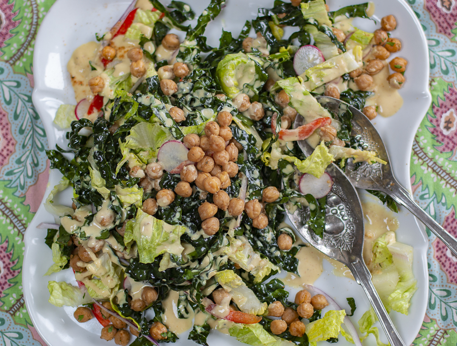 The Ultimate Kale, Romaine and Chickpea Salad with Roasted Garlic Tahini Dressing