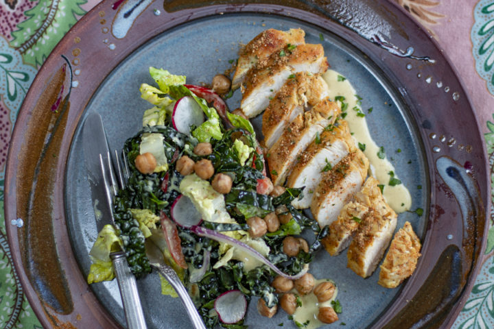 The Ultimate Kale, Romaine and Chickpea Salad with Roasted Garlic Tahini Dressing