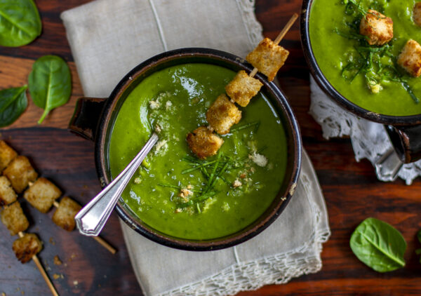 Spinach and Parsnip Soup with a Crispy Crouton Skewer