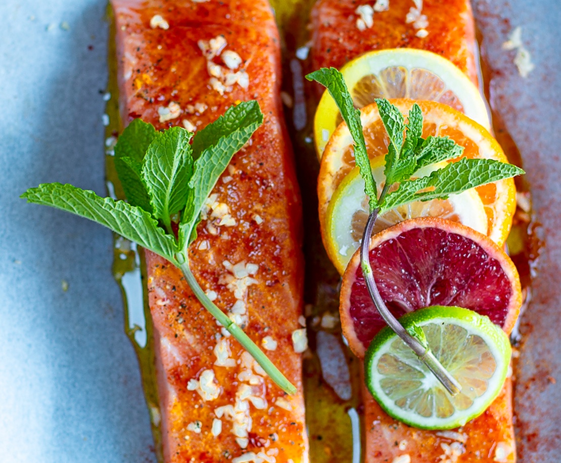 Salmon in Parchment with Multi-Citrus Salsa on a vintage platter 