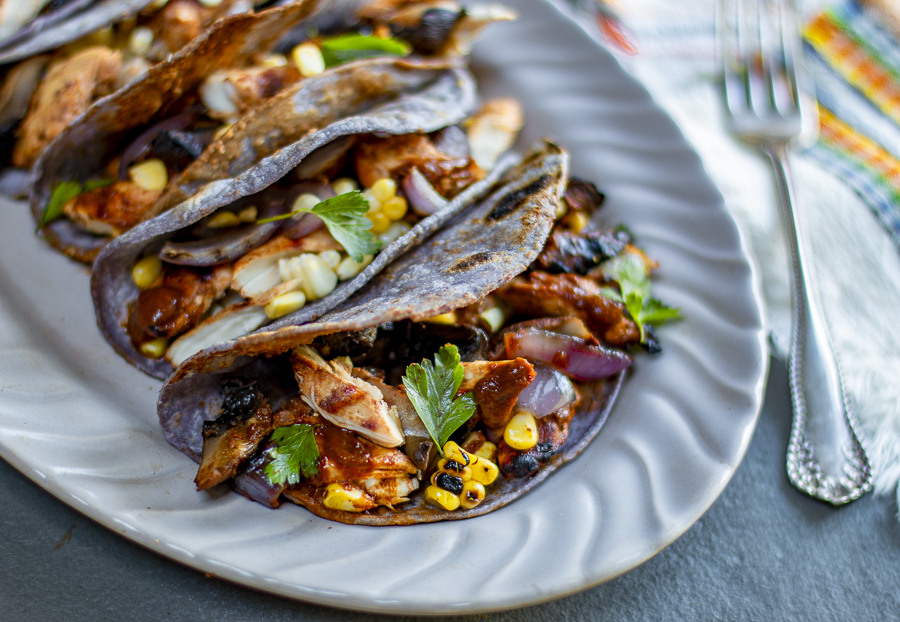 Chicken and Veggie Tacos with Mulato Chile Sauce