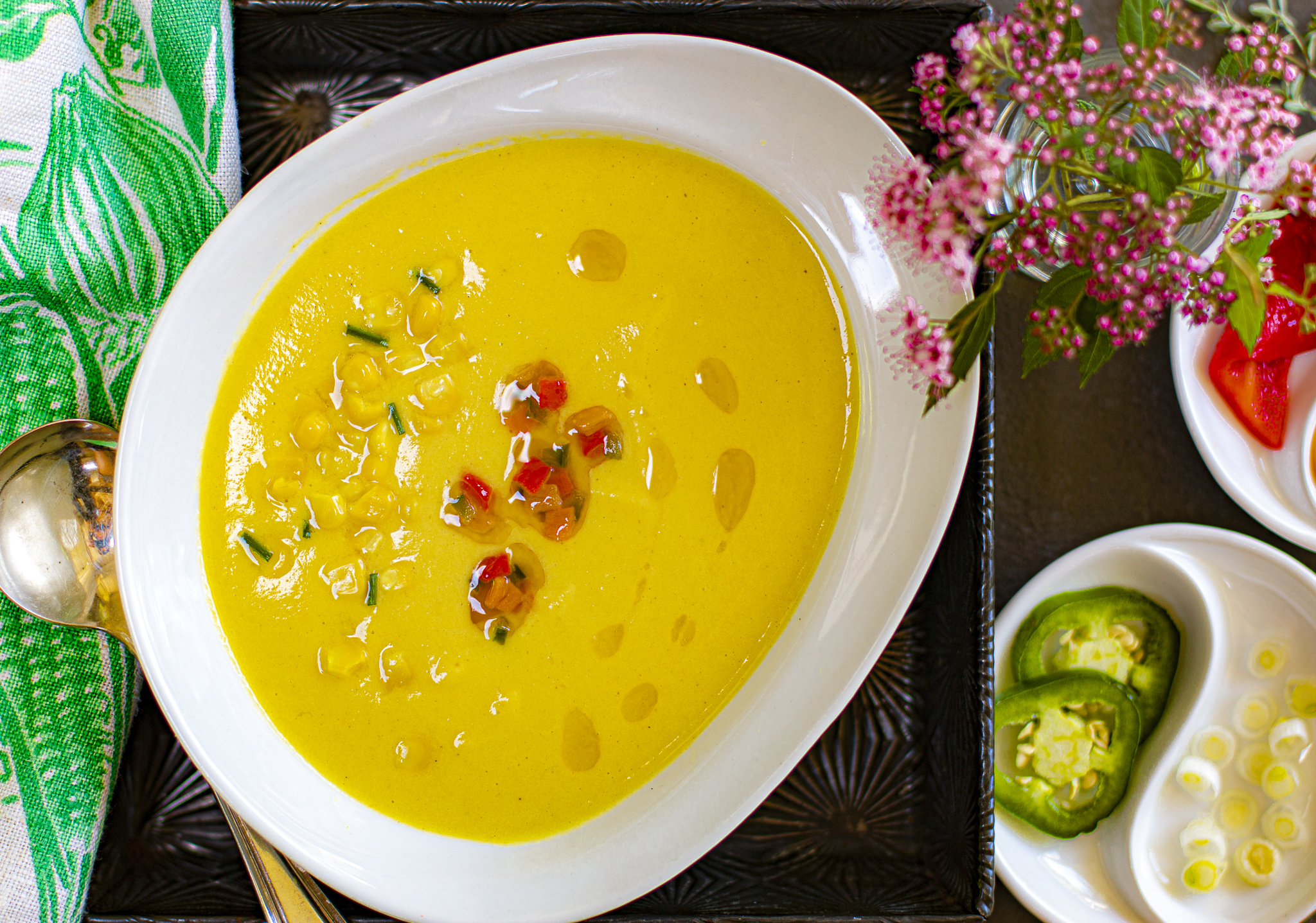Velvety Cool Corn Soup with a Roasted Peppers & Jalapeño Garnish