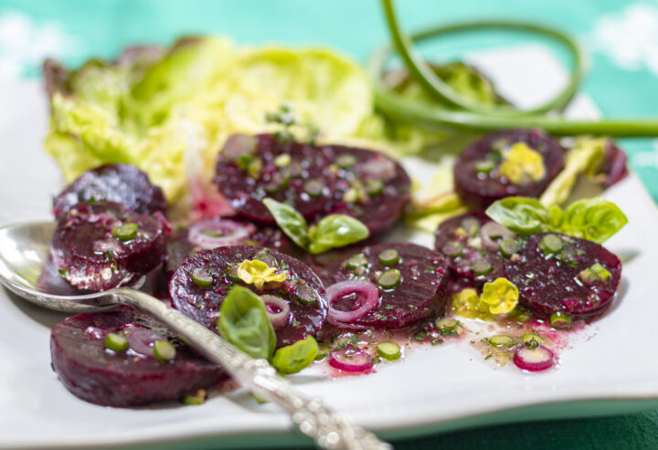 Steamed Baby Beets with Garlic Scape Vinaigrette