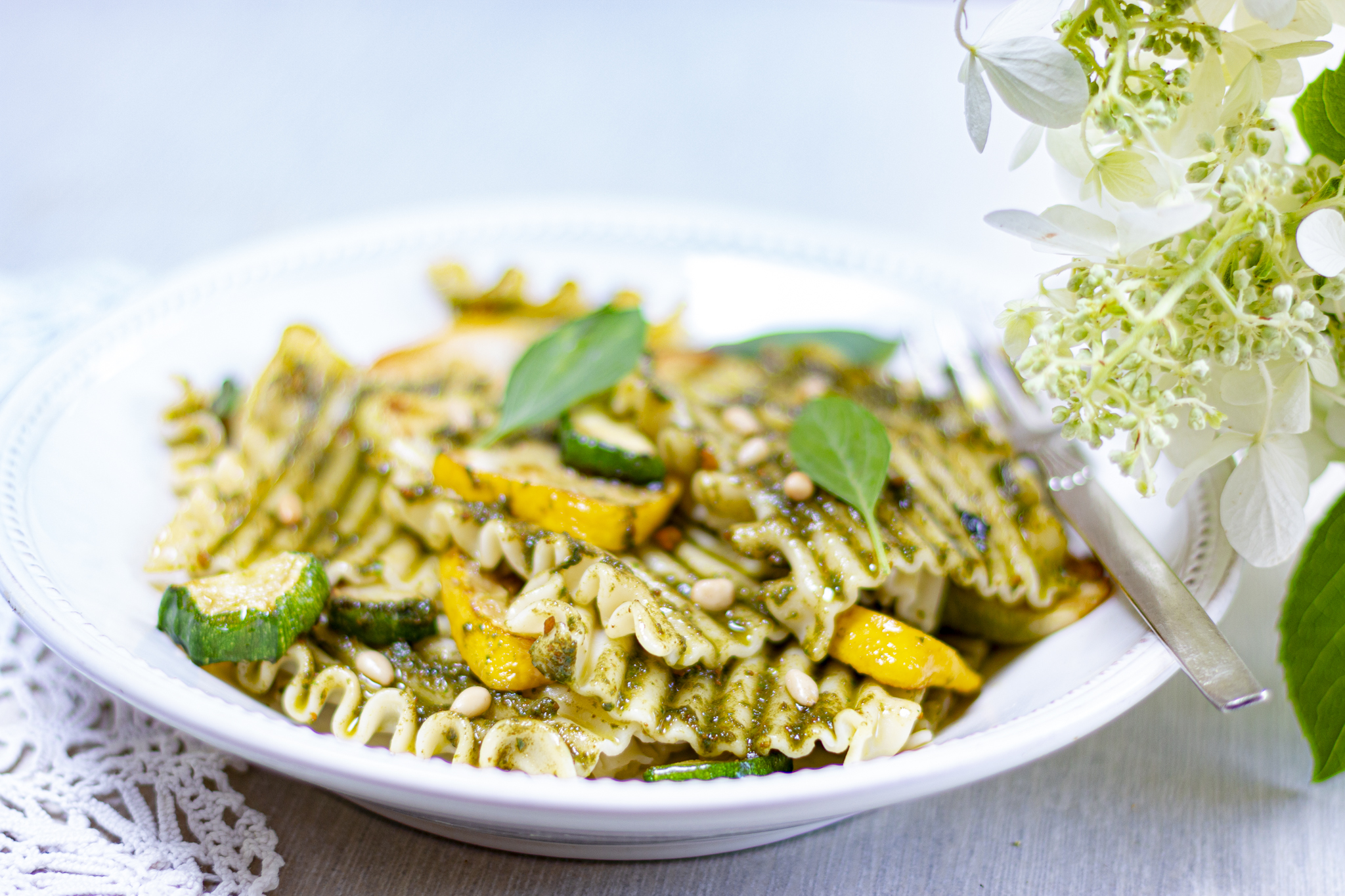 Thai Basil Pesto adorns Pasta Squares and Roasted Zucchini