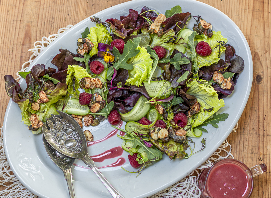 Raspberry Crunch Salad with Raspberry-Almond Oil Vinaigrette