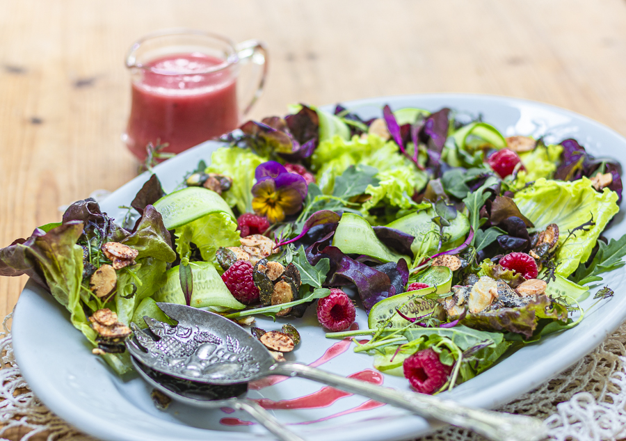 Raspberry Crunch Salad with Raspberry-Almond Oil Vinaigrette