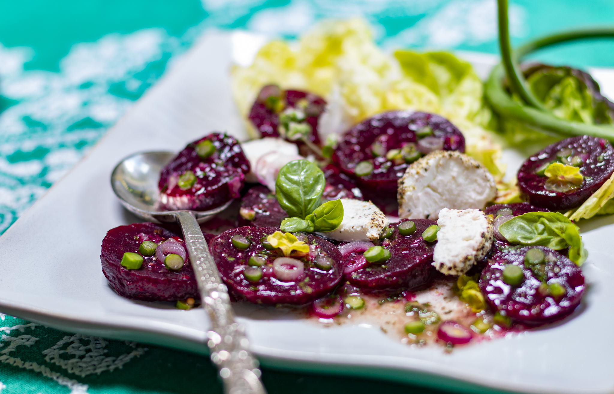 steamed baby beets with with Garlic Scape Vinaigrette