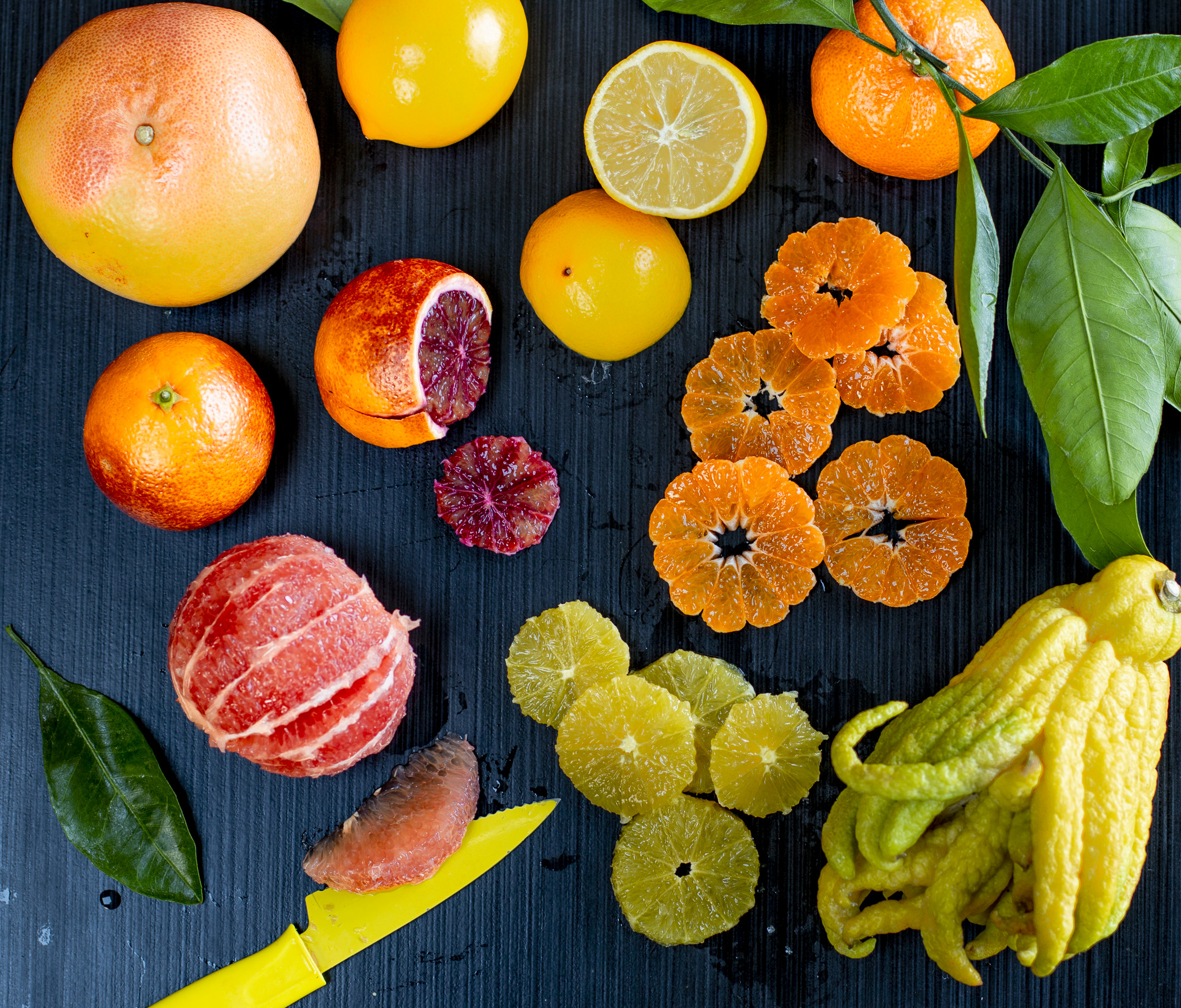 What beautiful citrus to work with! I'm using Satsuma Mandarins, Clementines, Navel Oranges, Ruby Grapefruit, Blood Orange and Buddha's Hand. Meyer Lemons for the Vinaigrette.