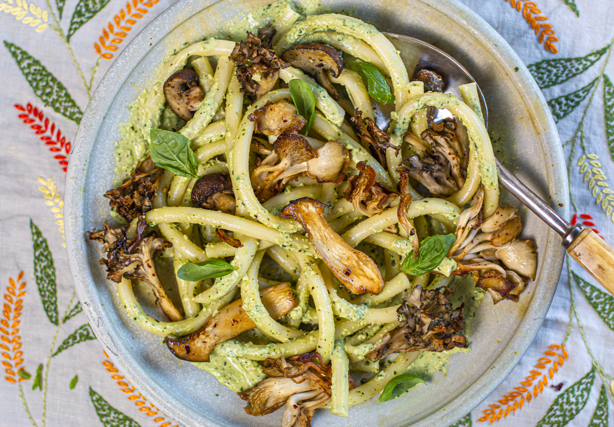 Wonderful Meaty Roasted Mushrooms Team with a Vegan Pine Nut-Pesto Creamy Sauce Layered over Pasta