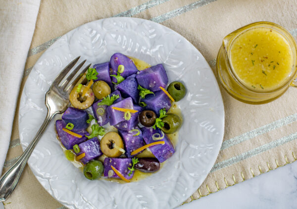 Purple Peruvian Potato salad with preserved lemon vinaigrette on vintage plates