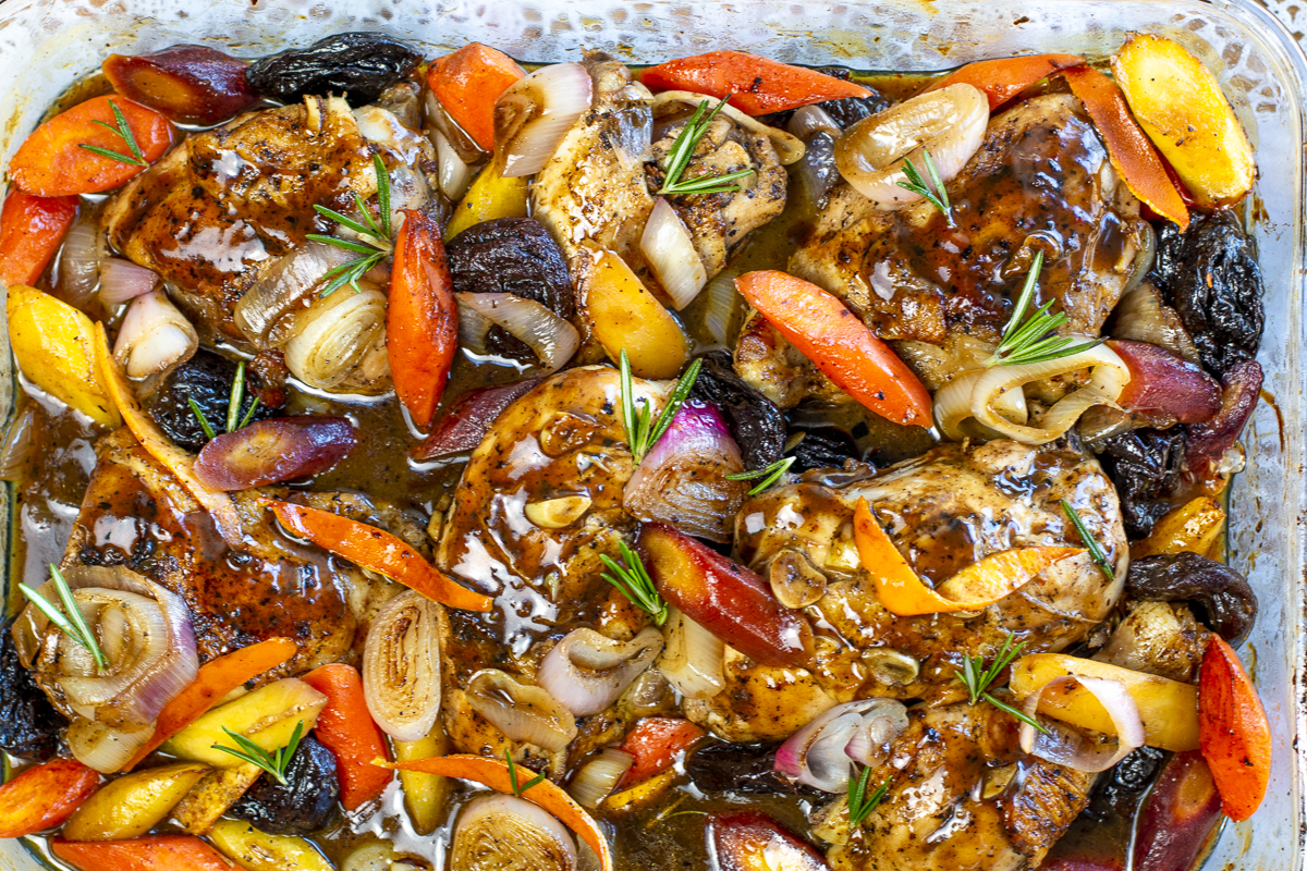 Chicken with Balsamic- Rosemary Sauce in baking pan