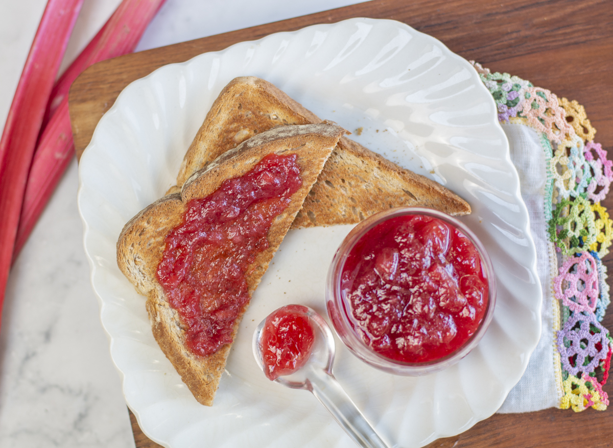 Rhubarb Vanilla Jam with Toast on vintage plate