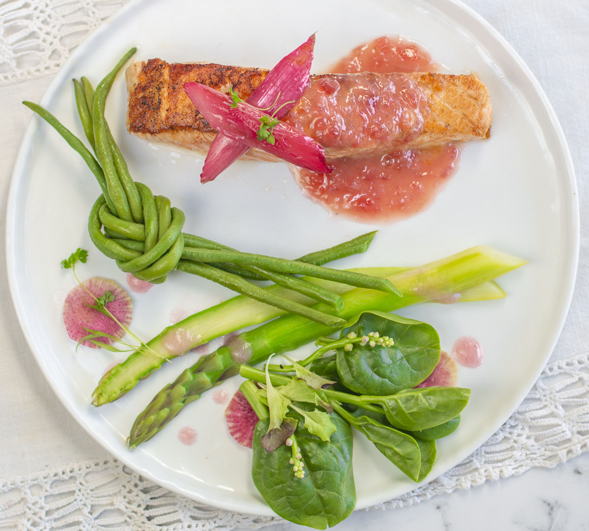 Salmon with Rhubarb Jam Butter Sauce with Spring Vegetables