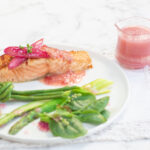 Salmon with Rhubarb Jam Butter Sauce with Spring Vegetables