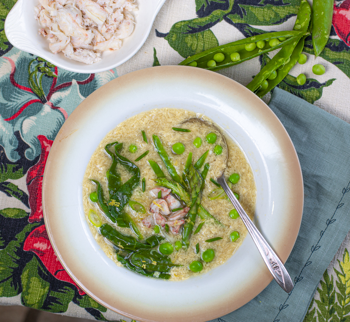 Spring Egg Drop Soup with Fresh Jonah Crab