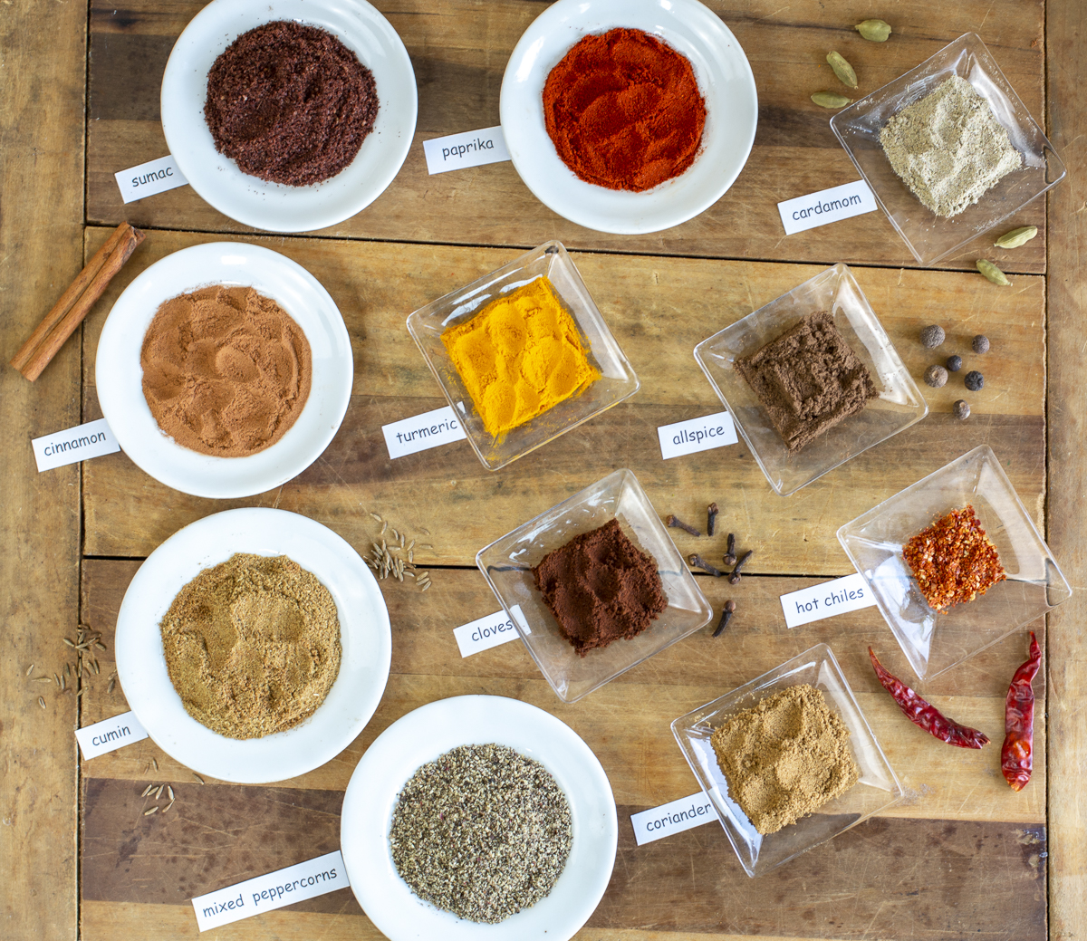 11 spices for Iraqi Spice Mix on a vintage board 