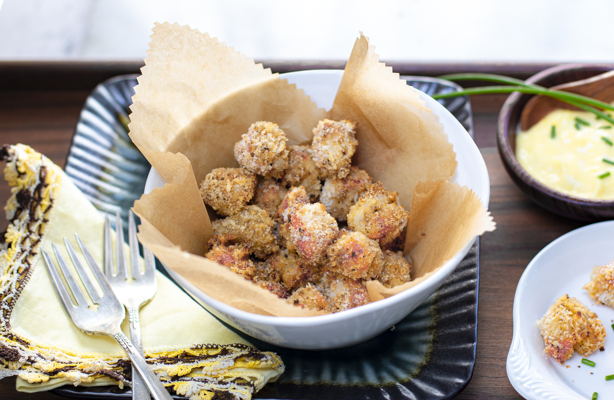 Baked Pink Shrimp in a parchment lined bowl ready to serve