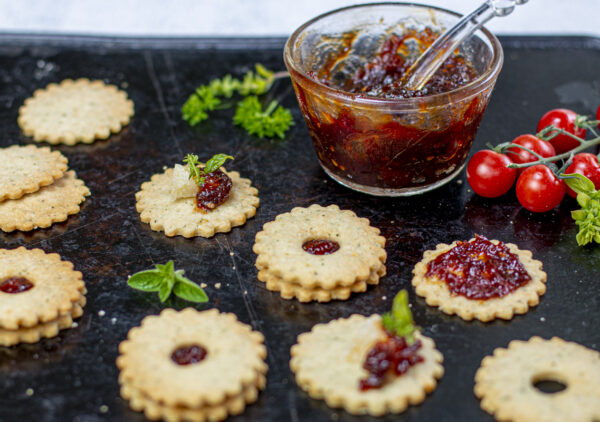 Shortbread Linzer Thins sandwiched with Tomato Jam