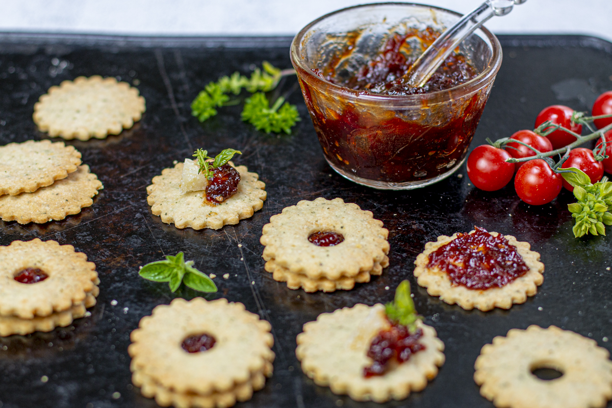 Shortbread Linzer Thins sandwiched with Tomato Jam