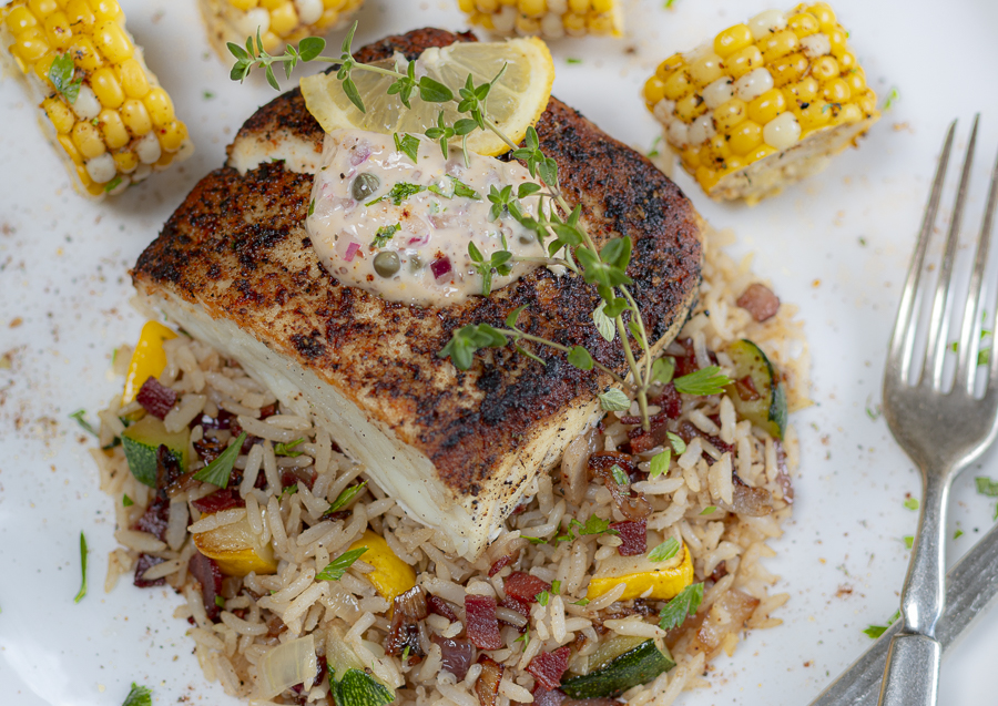 Blackened Halibut with Cajun Seasonings and Caper Remoulade 