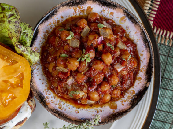 Chickpea "Baked Beans" with Lettuce Wrapped Chicken Burger