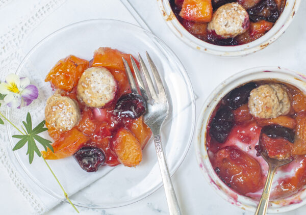 Apricot – Cherry Cobbler with Cinnamon Biscuits in individual ramekins