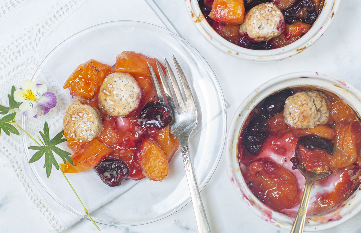 Apricot – Cherry Cobbler with Cinnamon Biscuits in individual ramekins