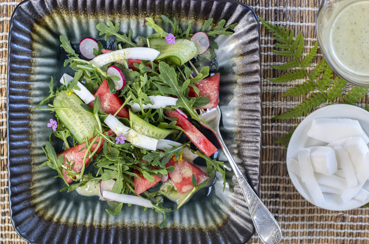Watermelon & Fresh Coconut Salad with Thai Dressing, Mint and Basil 