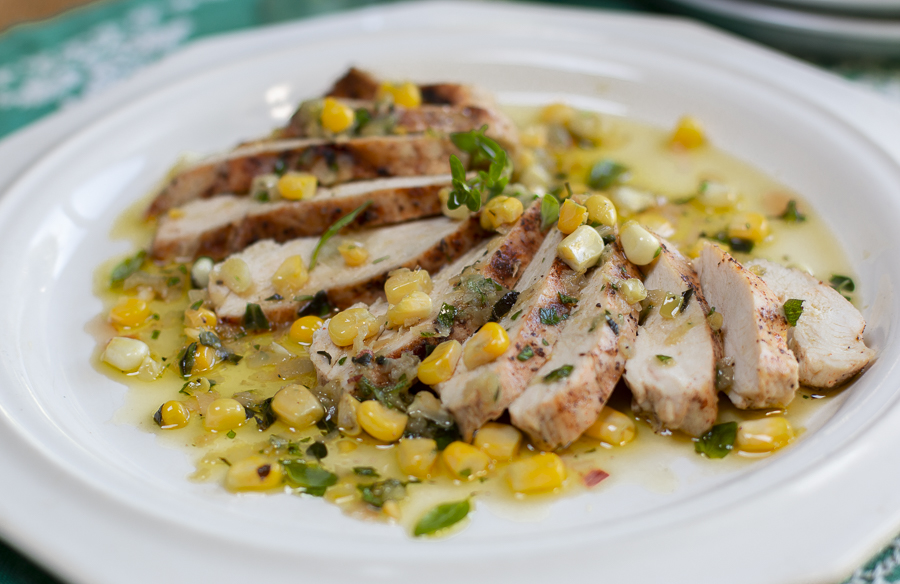 Mediterranean EVOO Herb & Corn Sauce over grilled sliced chicken