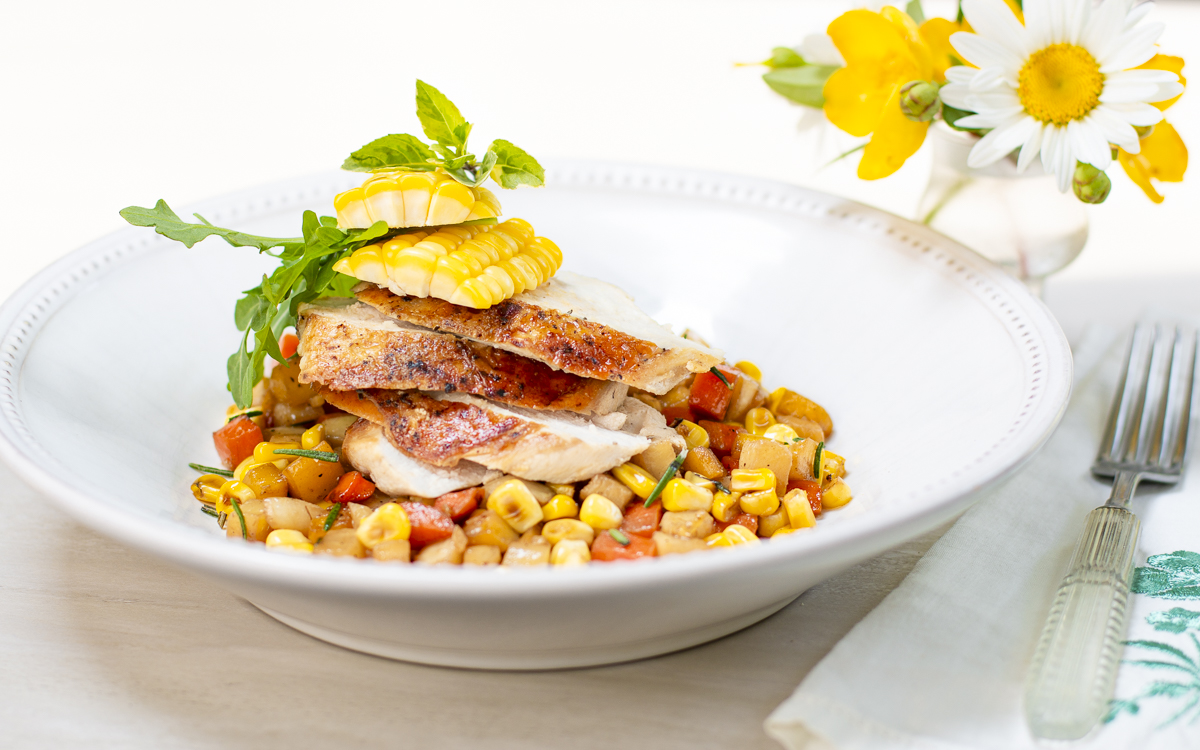 Chicken Breasts Under a Brick with a Vegetable Ragoût