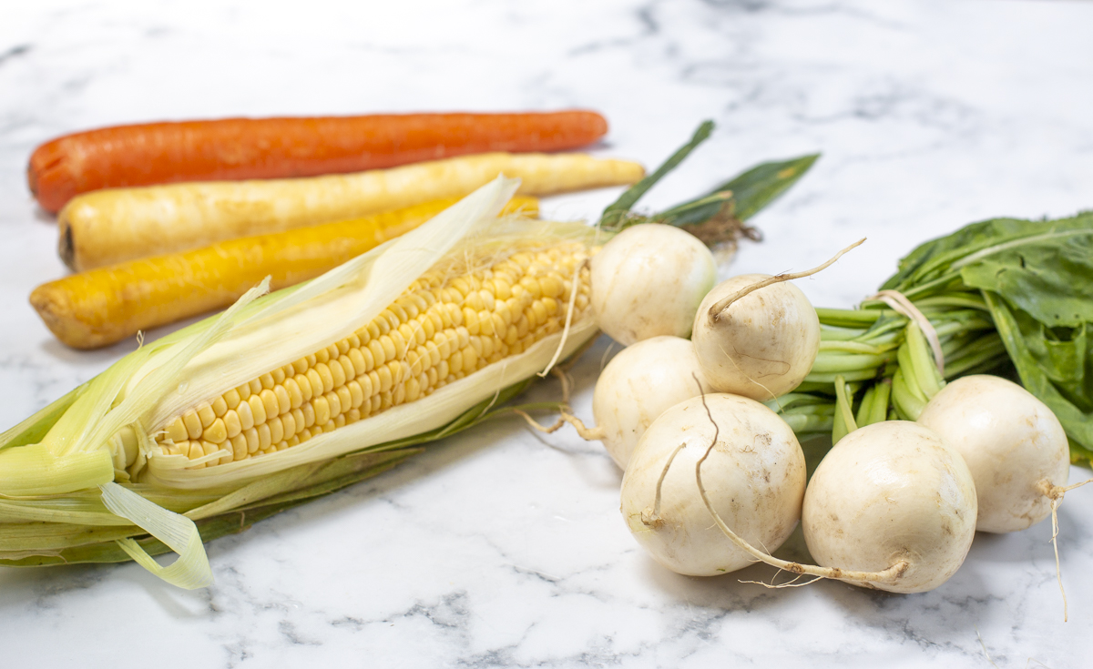 Vegetables for the ragout - carrots, turnips and corn 