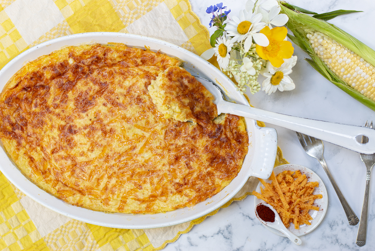 Corn Pudding with cheddar & chipotle crust in a vintage casserole