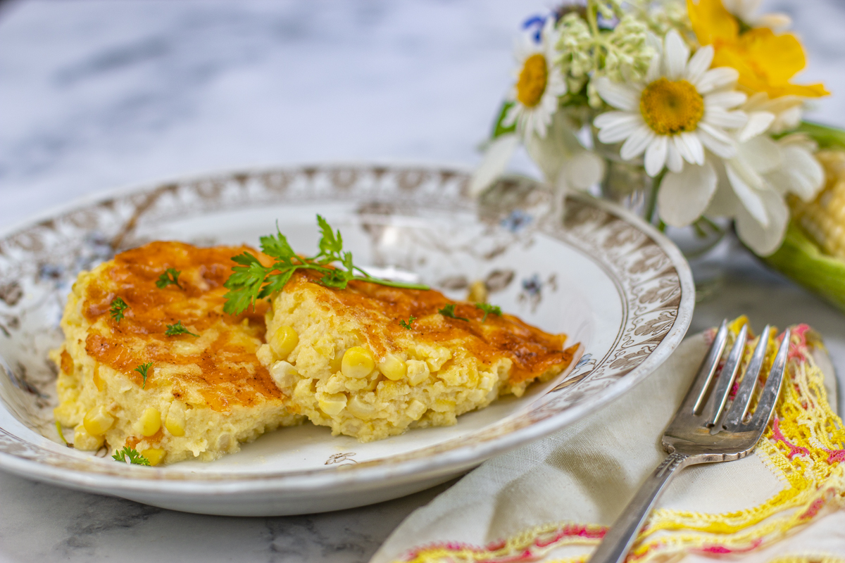 Corn Pudding with Cheddar & Chipotle Crust in a vintage bowl 