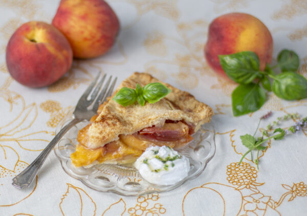 One Slice of Perfect Peach Pie with Whipped Coconut Cream & Basil Syrup