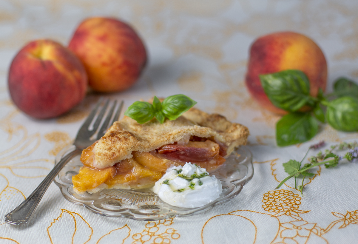 Peach Pie slice with coconut cream & basil syrup 